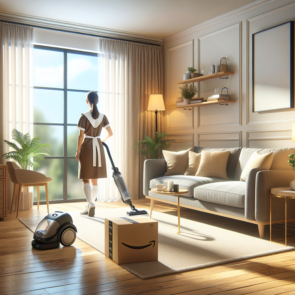 A maid in a cozy living room using a vacuum cleaner, emphasizing cleanliness.