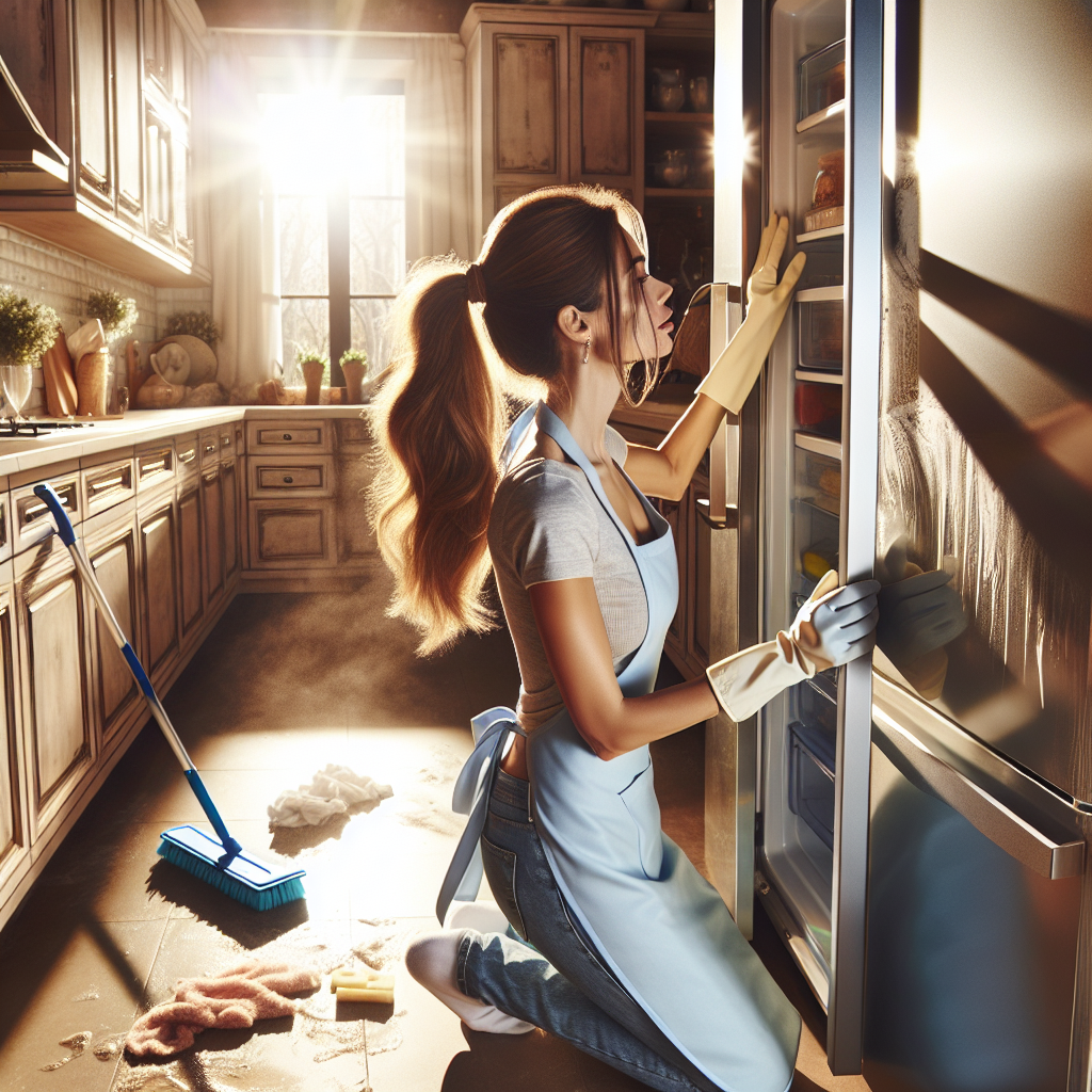 A woman deep cleaning behind a refrigerator in a sunny kitchen.