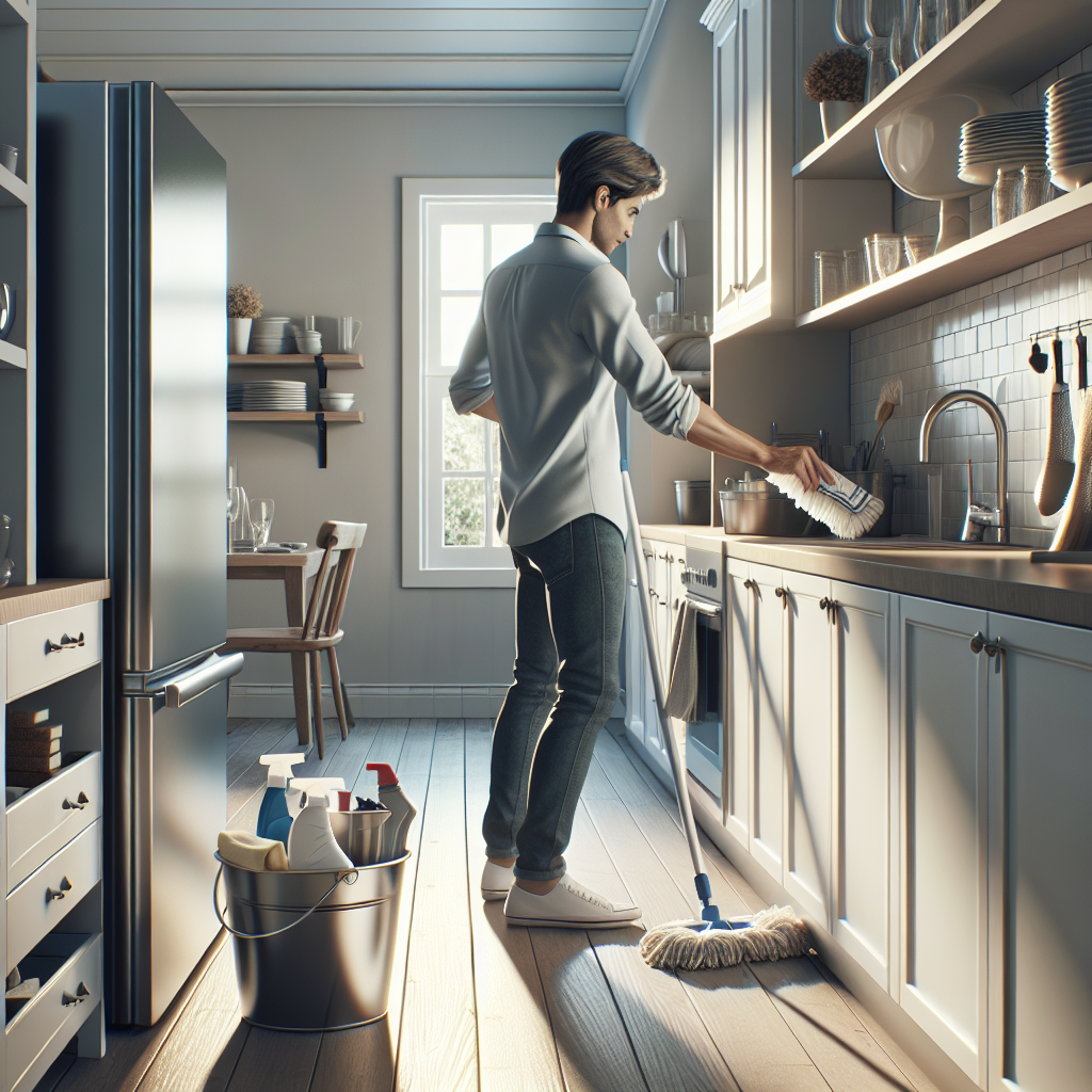 A person deep cleaning a modern kitchen, emphasizing a clean and organized space.