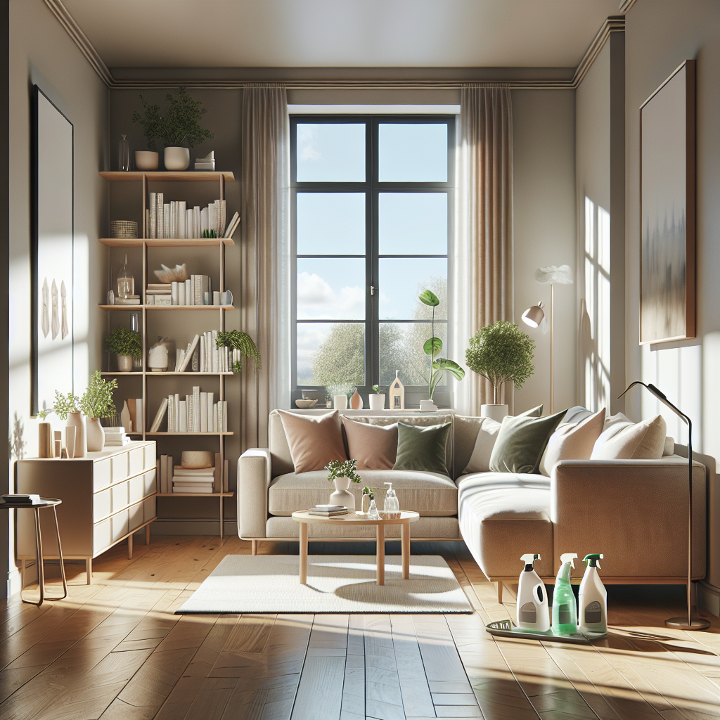 A modern, clean living room interior with a beige sofa and bright natural light.
