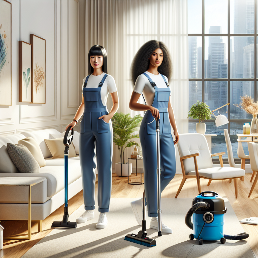 A team of diverse cleaners working in a bright and organized living room.