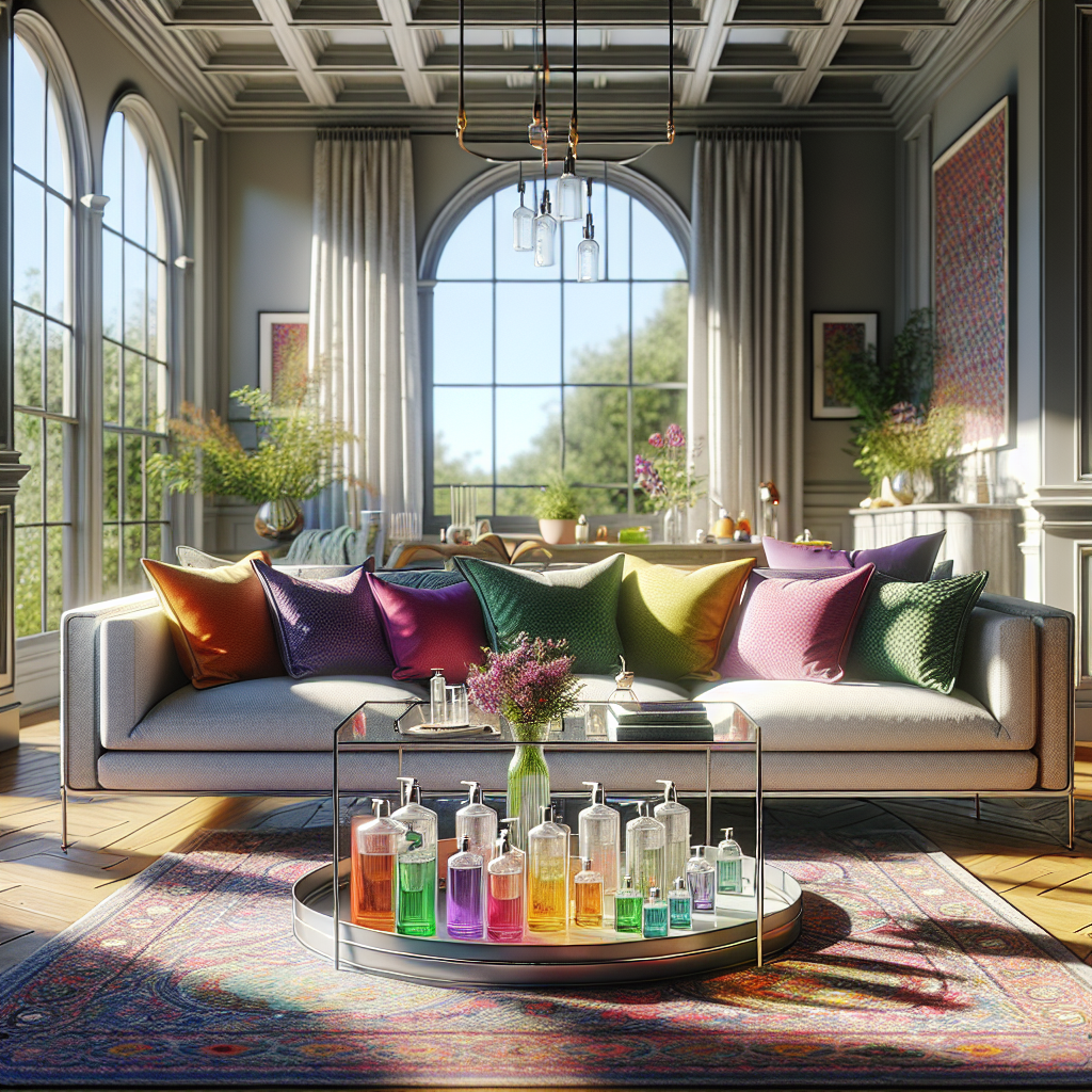 A clean, inviting living room with sunlight, a sofa, and house cleaning supplies.