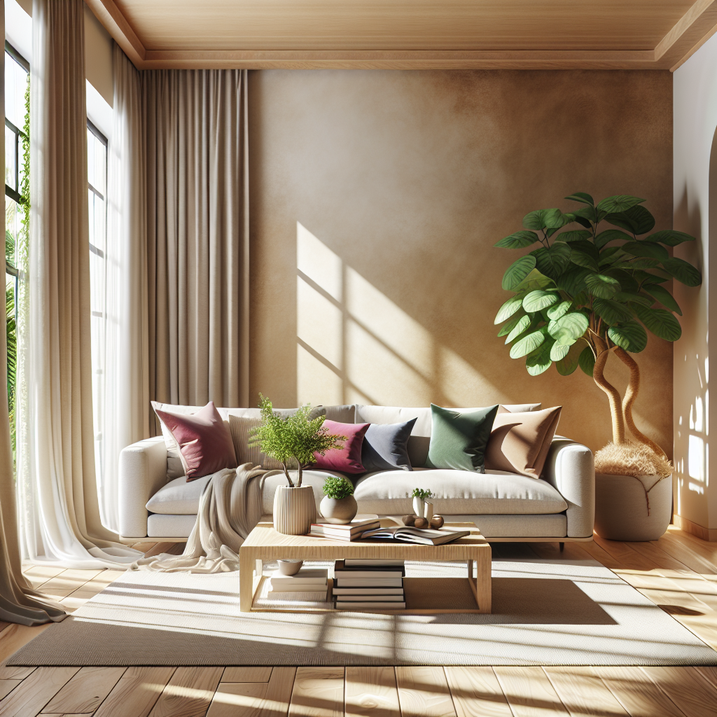 A modern living room with a sofa, coffee table, large windows, and indoor plants.