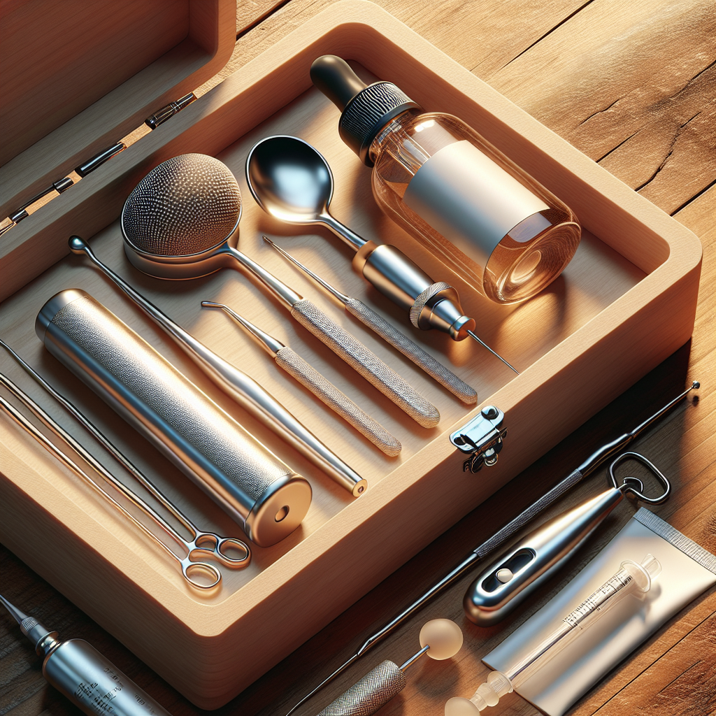 An elegantly arranged home ear cleaning kit with stainless steel tools and a silicone syringe.