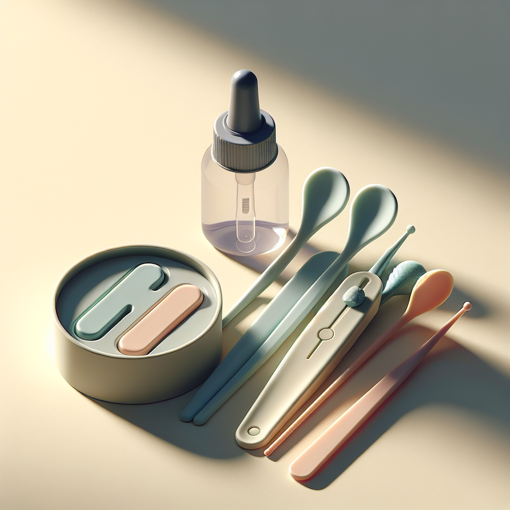 An aesthetically arranged ear cleaning kit with soft silicone tools and a dropper bottle.