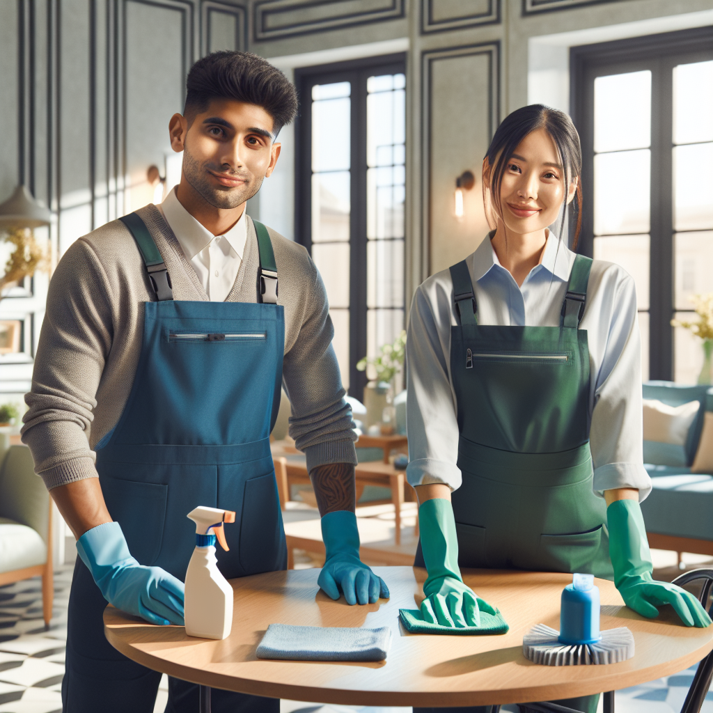 A professional cleaning scene with two cleaners in a bright Edmonton home, using eco-friendly products.