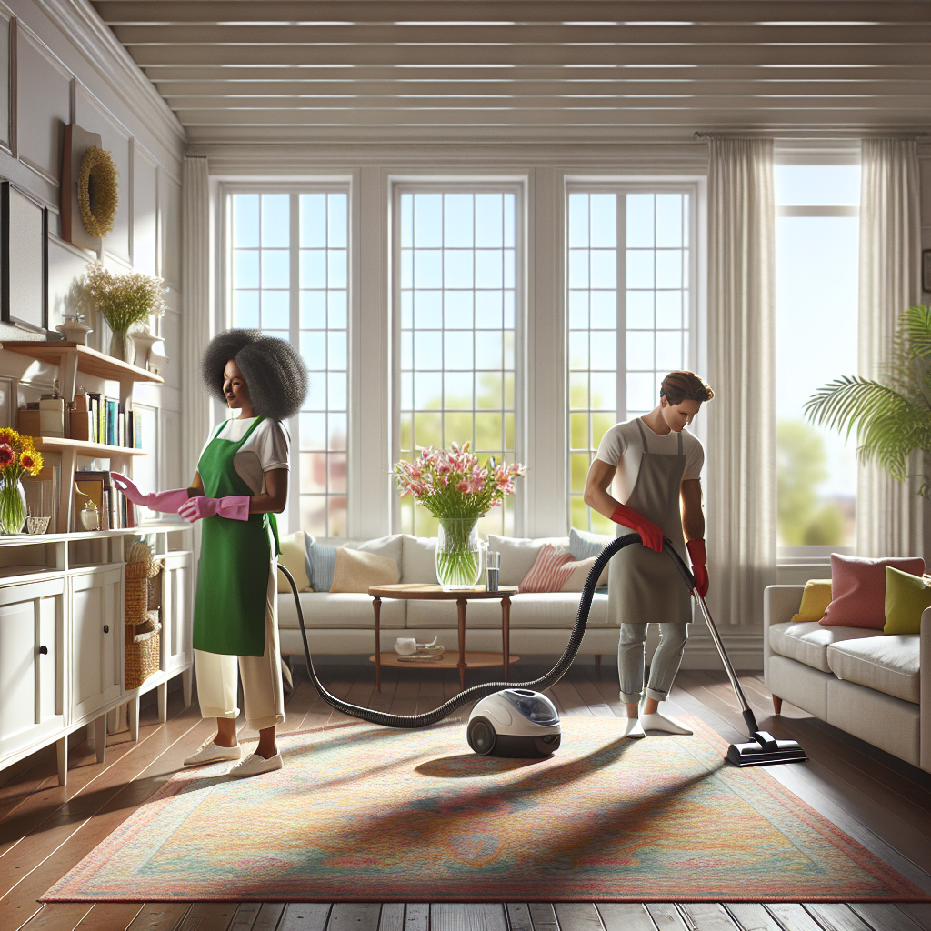 A spring cleaning scene in a bright home with a diverse cleaning team.