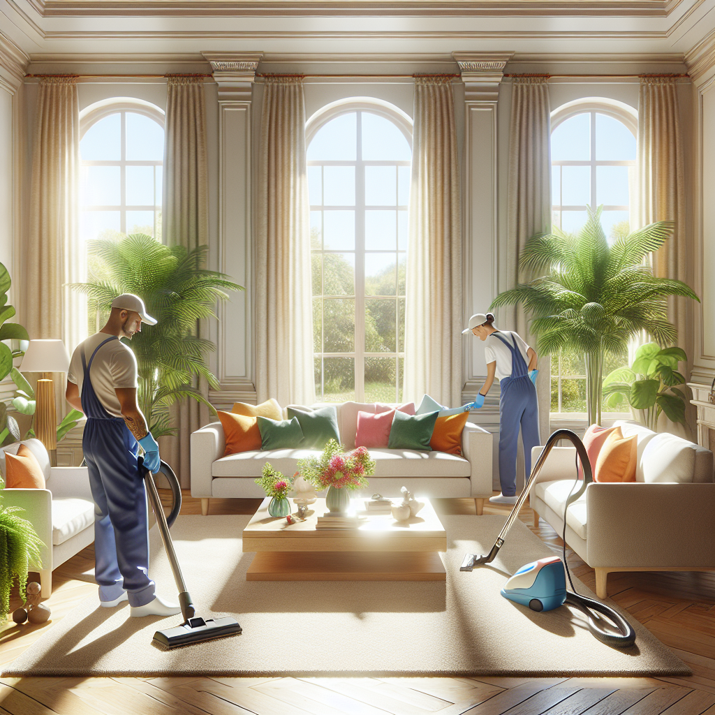 A lively living room being spring cleaned with a diverse team of cleaners.