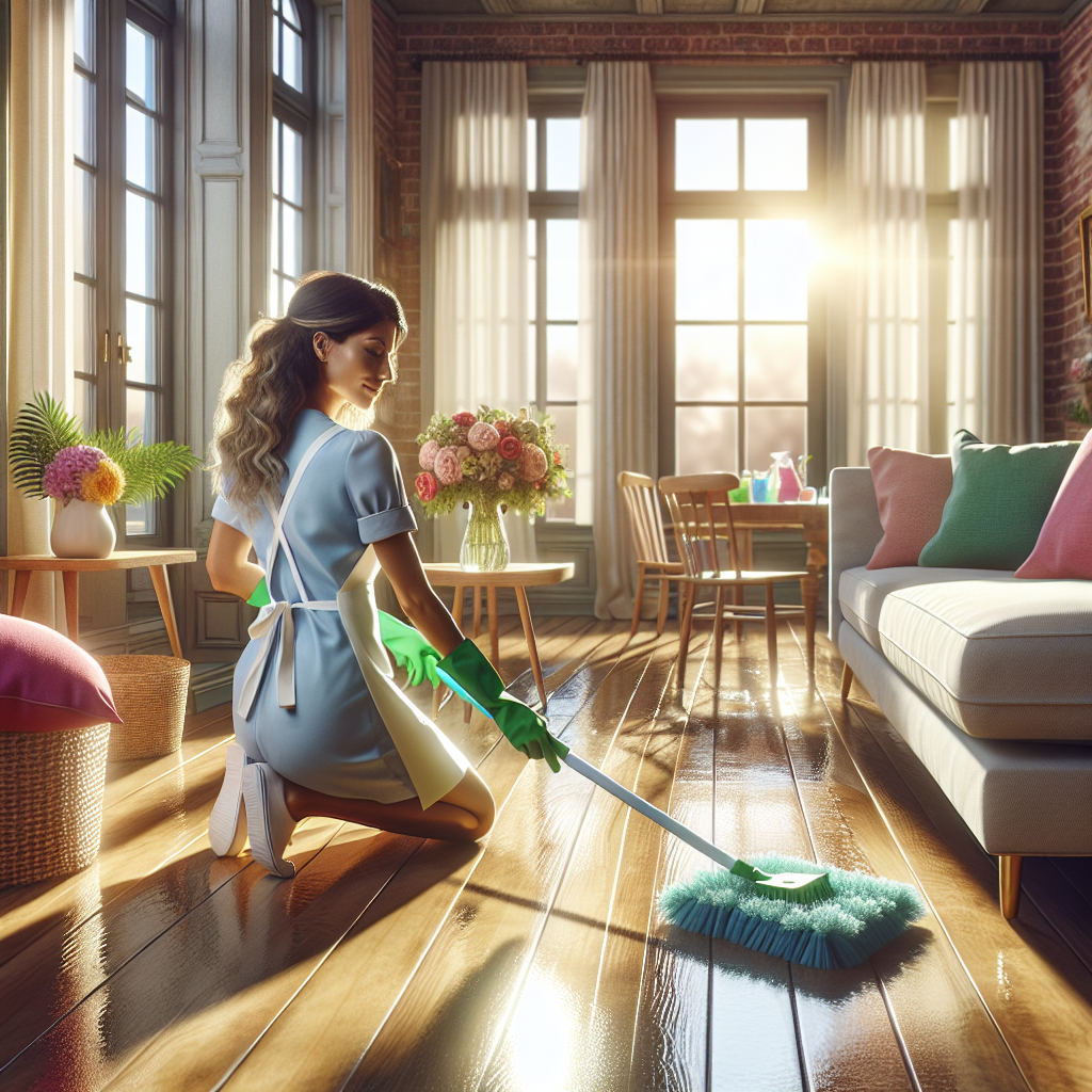A woman cleaning a sunlit living room during spring.