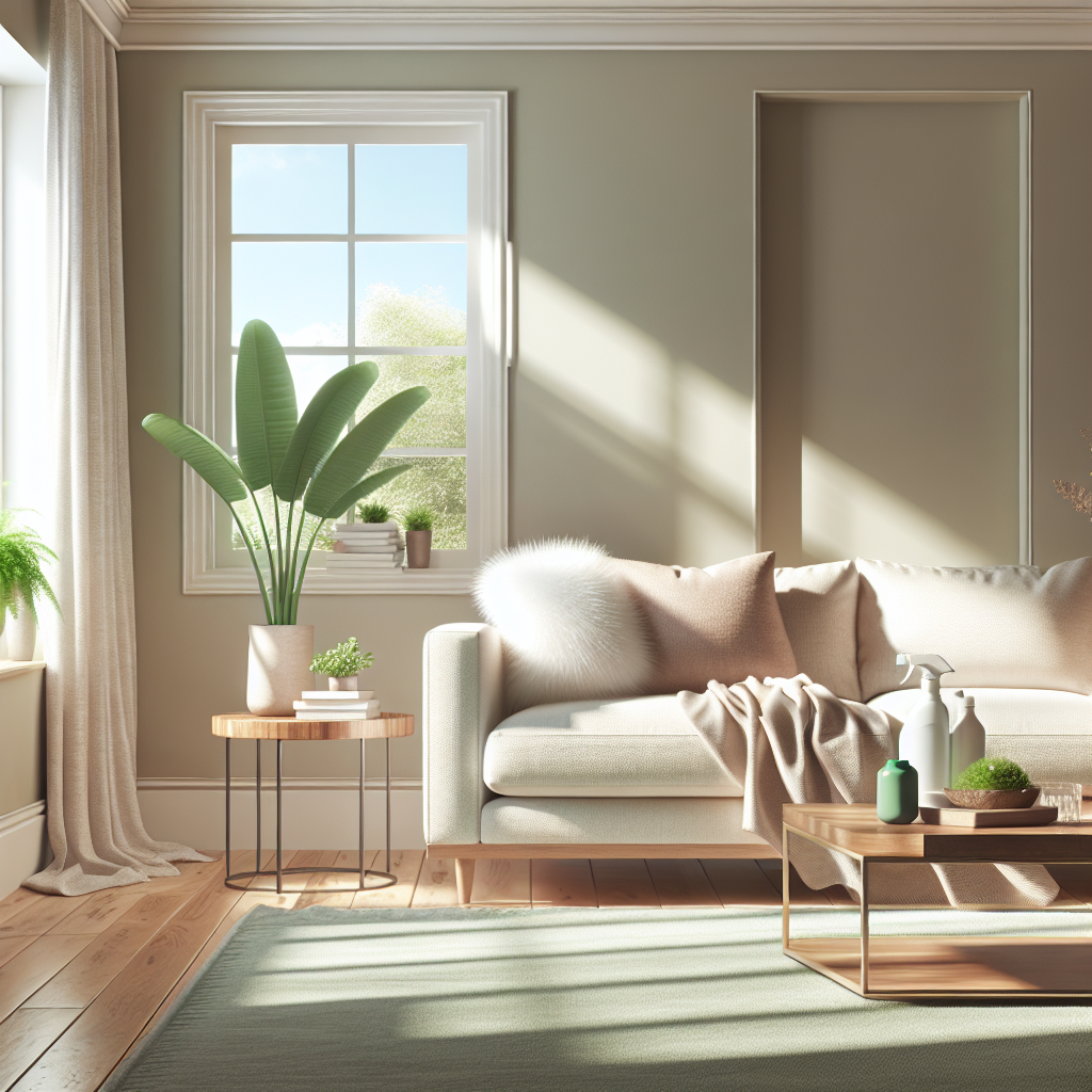 A clean and welcoming living room with soft furnishings and eco-friendly cleaning products.