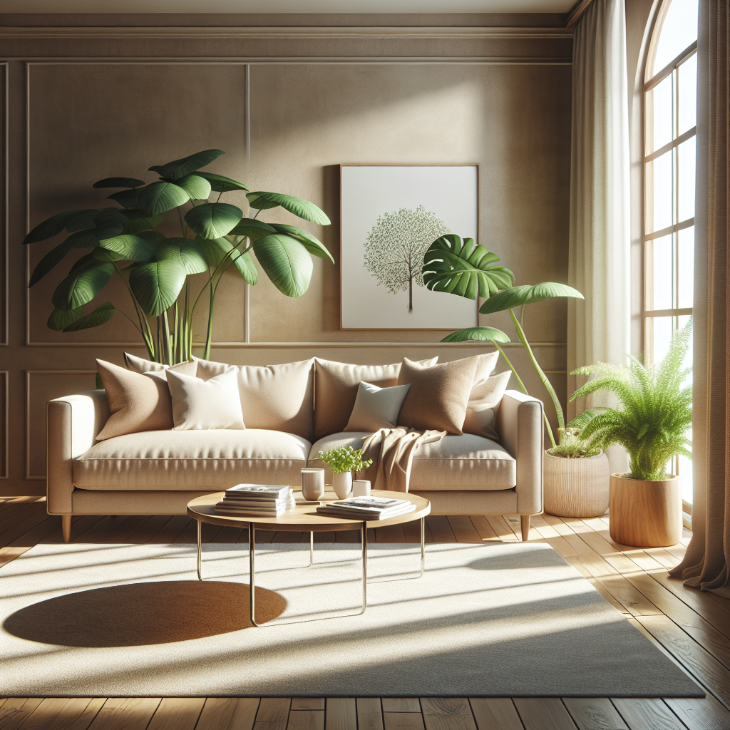 A clean and inviting living room with a cozy sofa, wooden coffee table, and a houseplant.