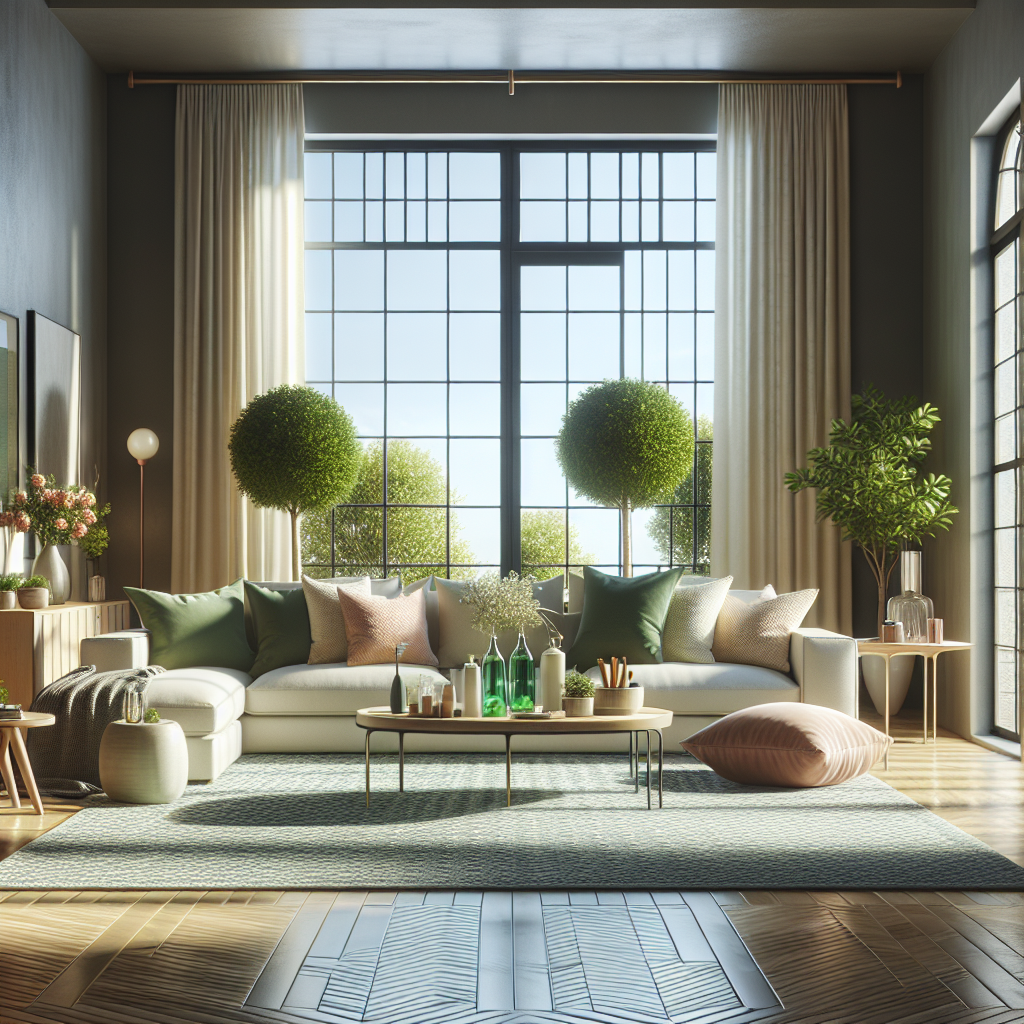 A clean and inviting living room showcasing eco-friendly elements.