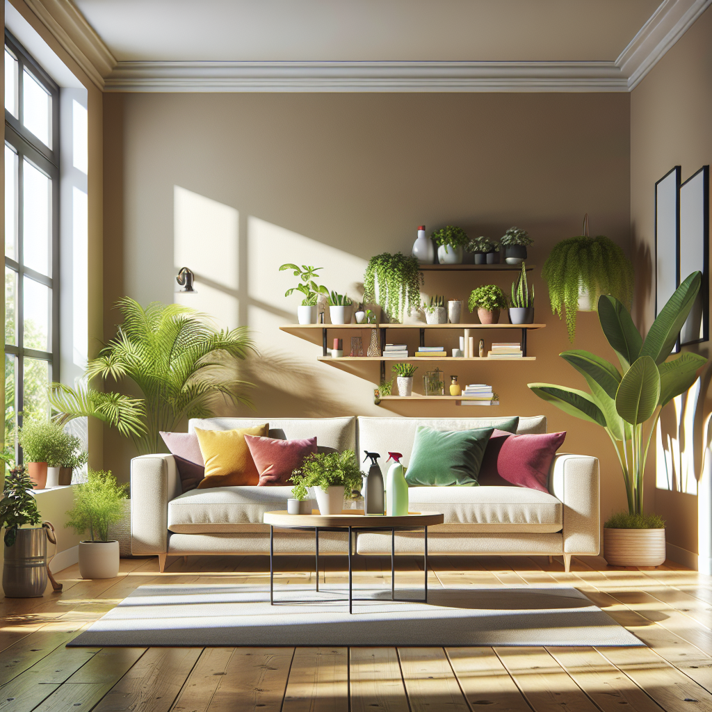 A clean and inviting living room with natural light and eco-friendly decor.