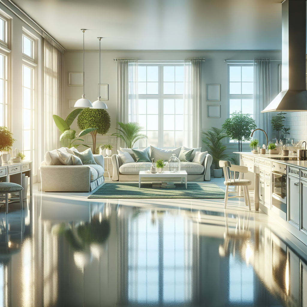 A pristine living space showcasing a sparkling clean kitchen and tidy living room.