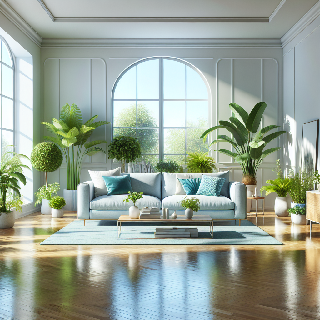 A bright and clean living room showcasing a soft blue sofa, green plants, and a polished wooden coffee table.