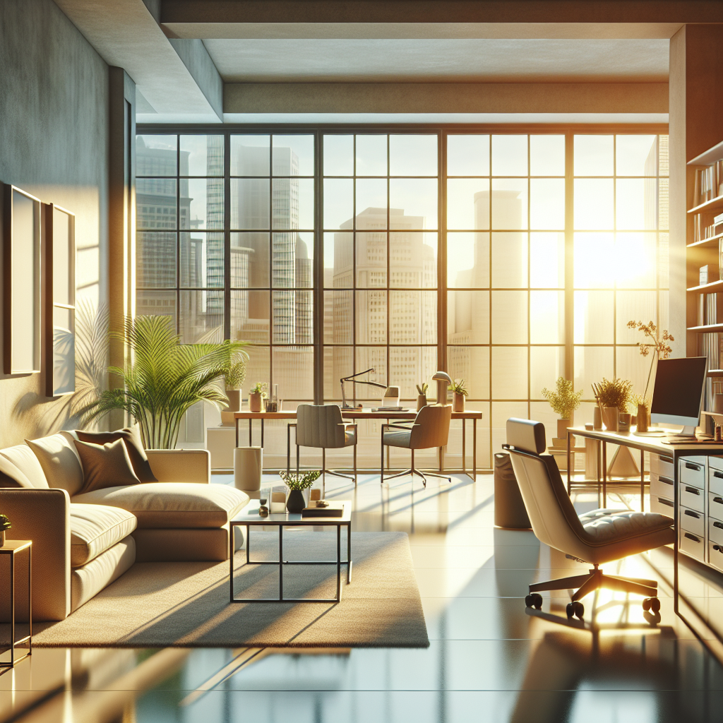 A clean and organized home and workplace environment with bright sunlight and modern furnishings.