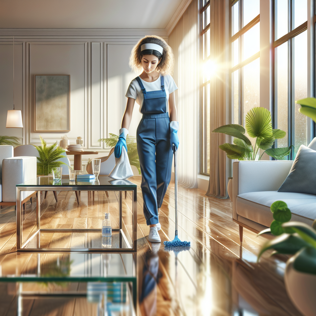 A clean living room with a professional cleaner attending to a glass coffee table.