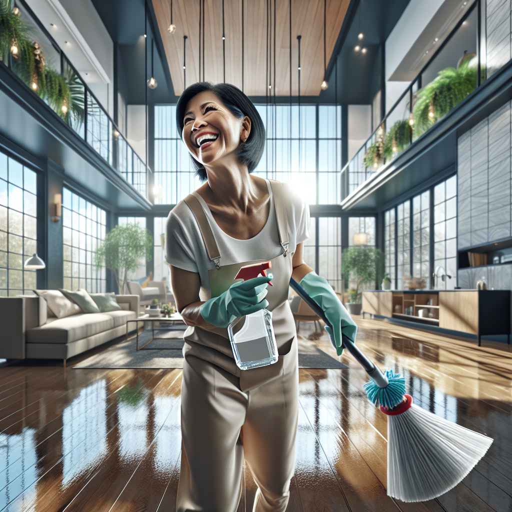 A cleaner working in a bright and pristine residential space.