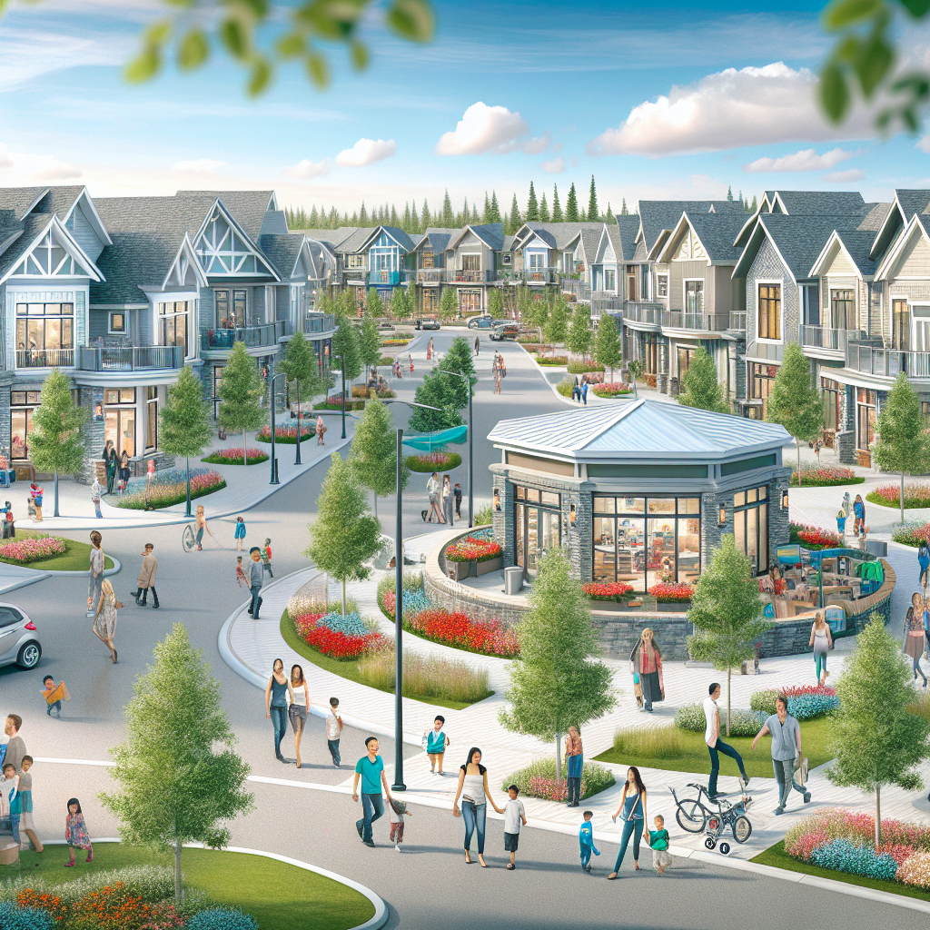 A vibrant community scene in AB T6W 4L3, Edmonton, showing residential houses, parks, and a shopping area.