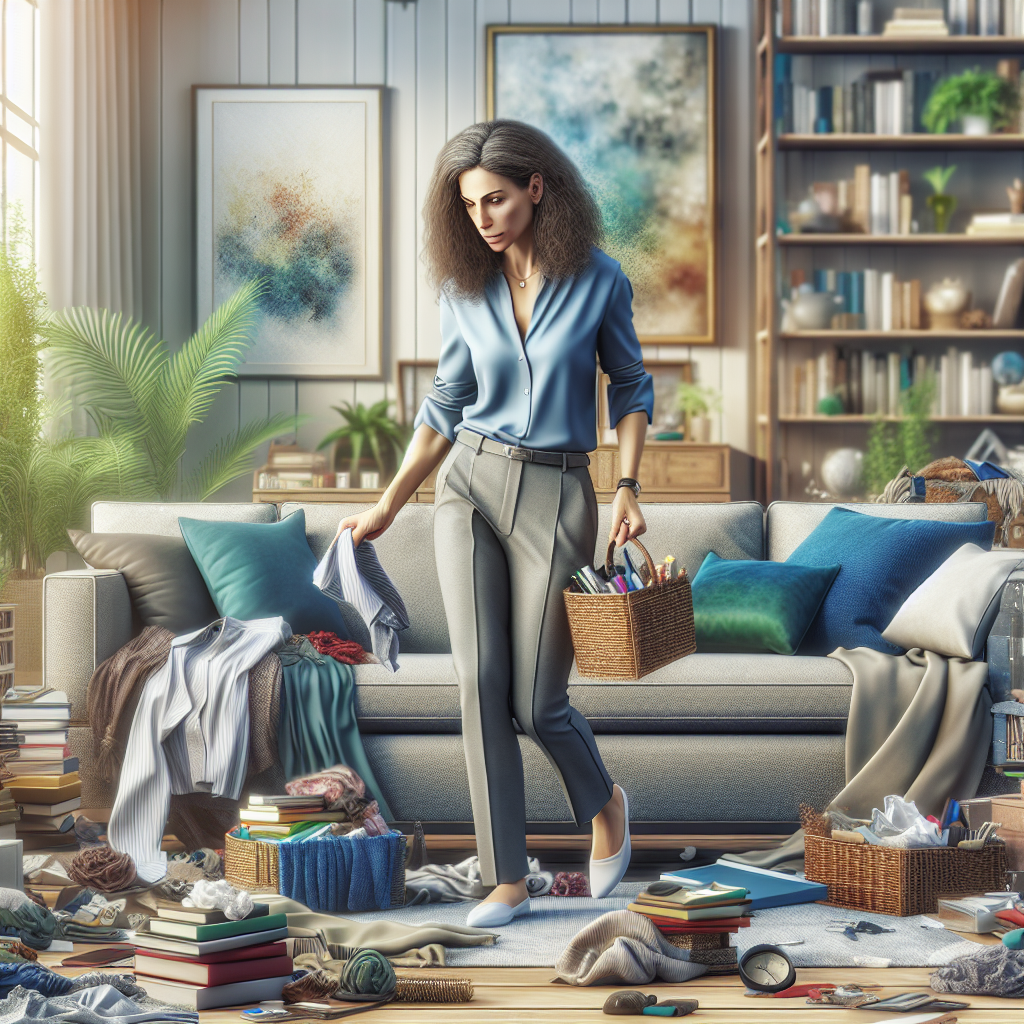 A woman professionally organizing a cluttered living room.