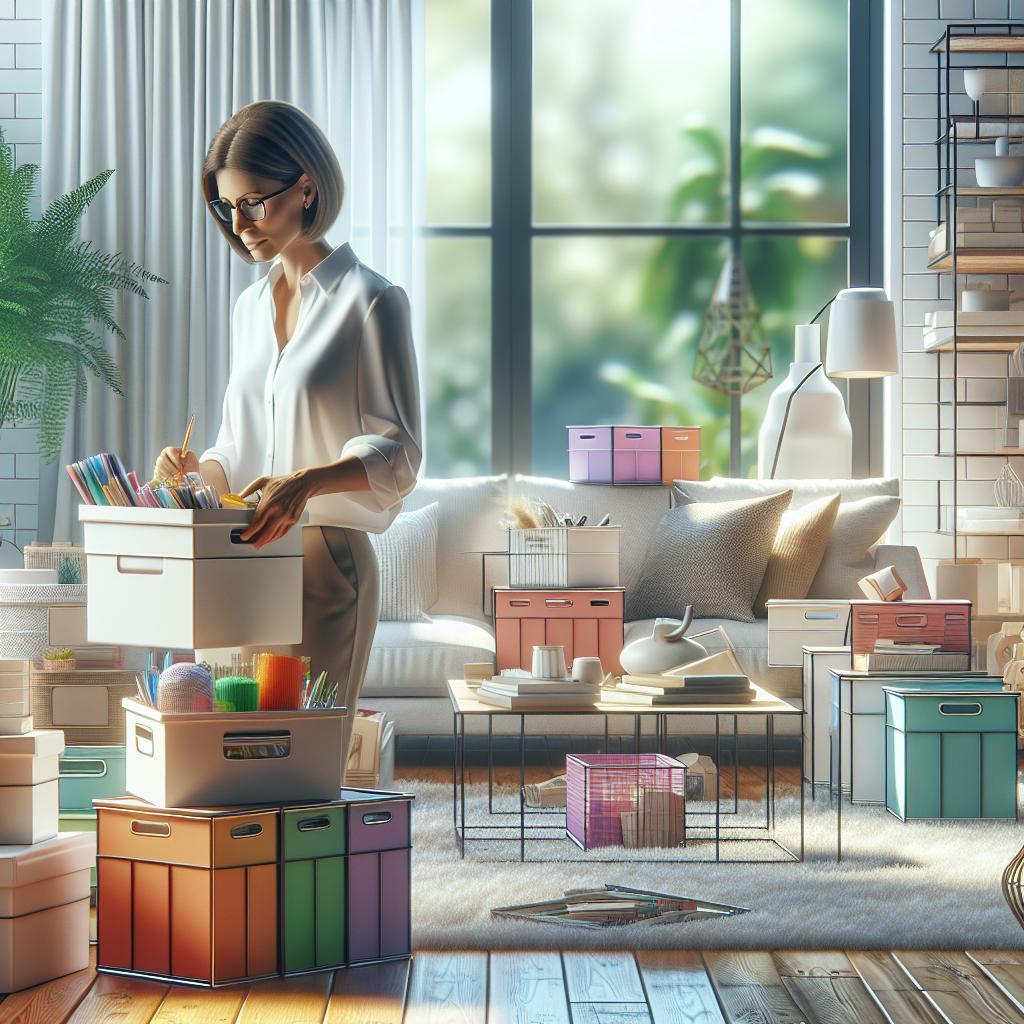 A professional organizer working in a modern home setting, organizing storage bins.