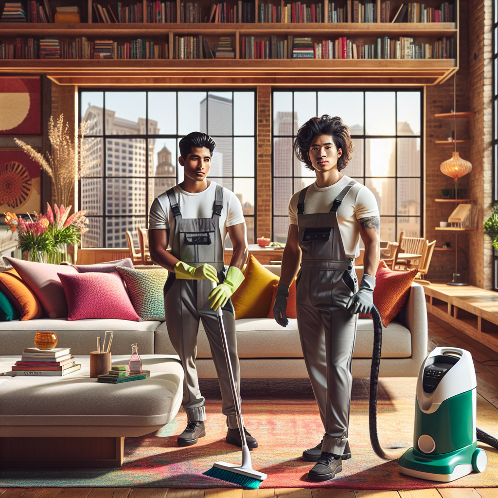 A diverse cleaning crew working in a modern living room.