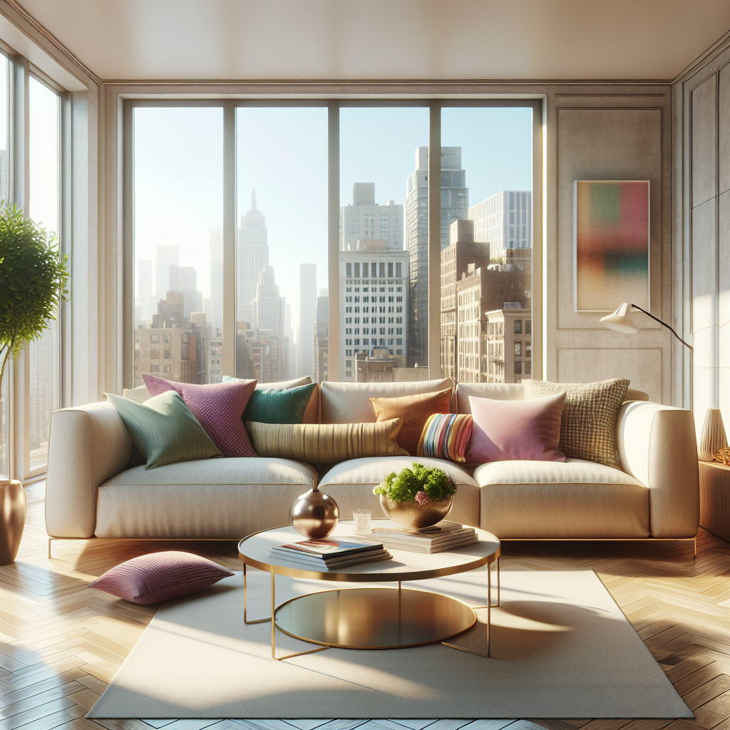 A clean and modern living room with a large beige sofa, colorful cushions, and sunlight streaming through the windows.