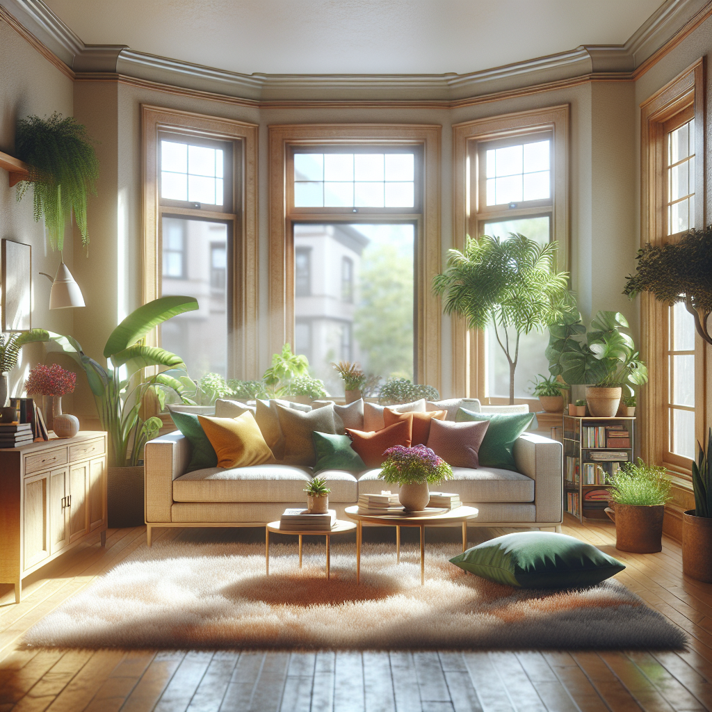 A clean and organized living room with warm tones and natural light.