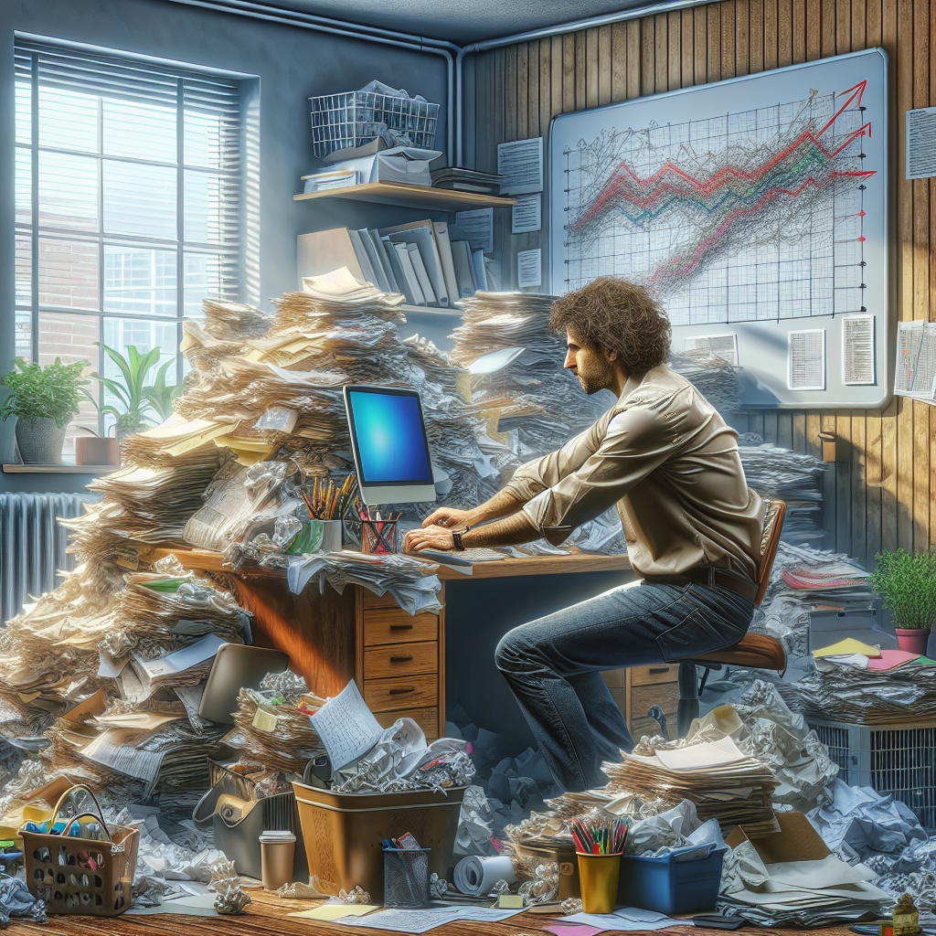 A professional organizer sorting a cluttered home office.