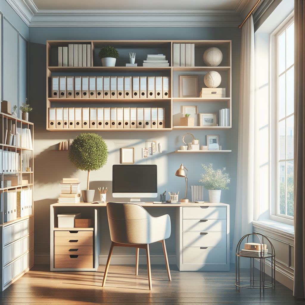 A well-organized home office workspace showing a clean desk and calming decor.