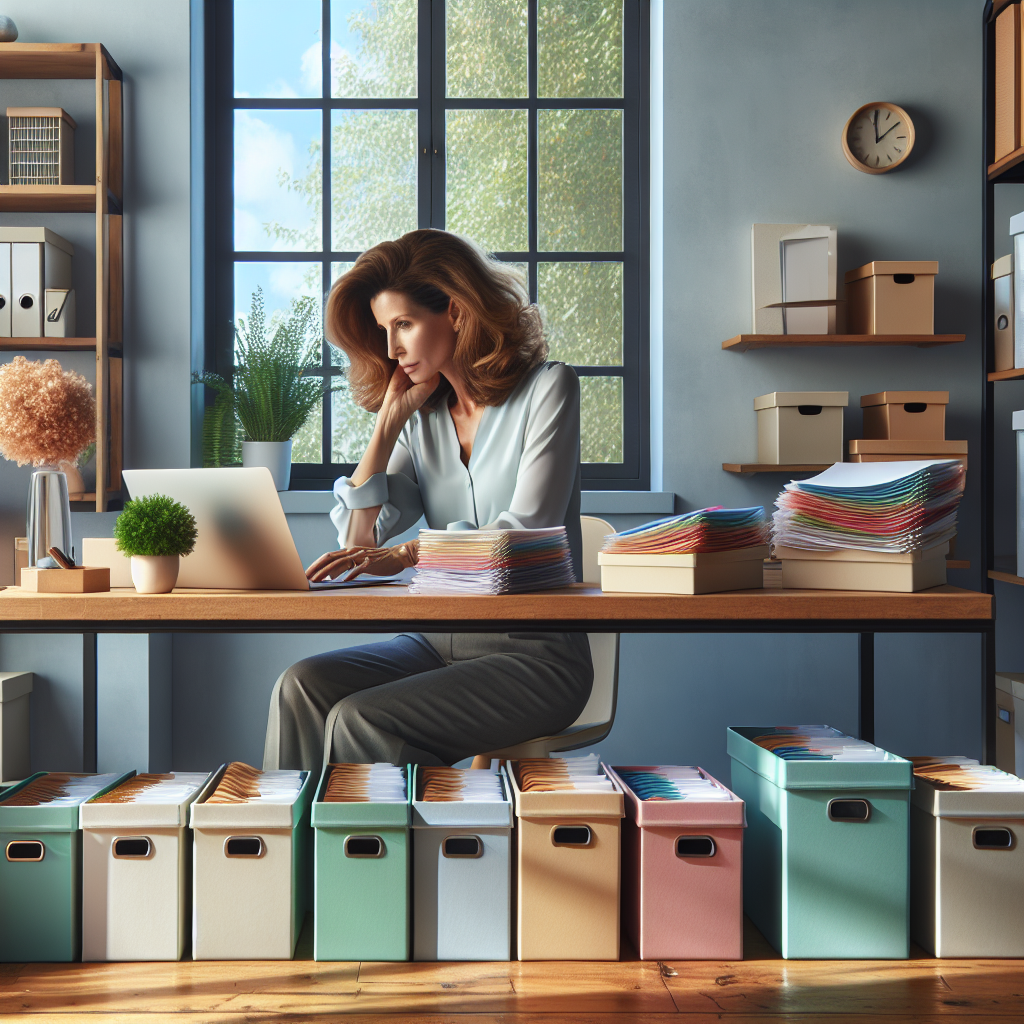 A professional organizer sorting paperwork in a bright and organized home office.