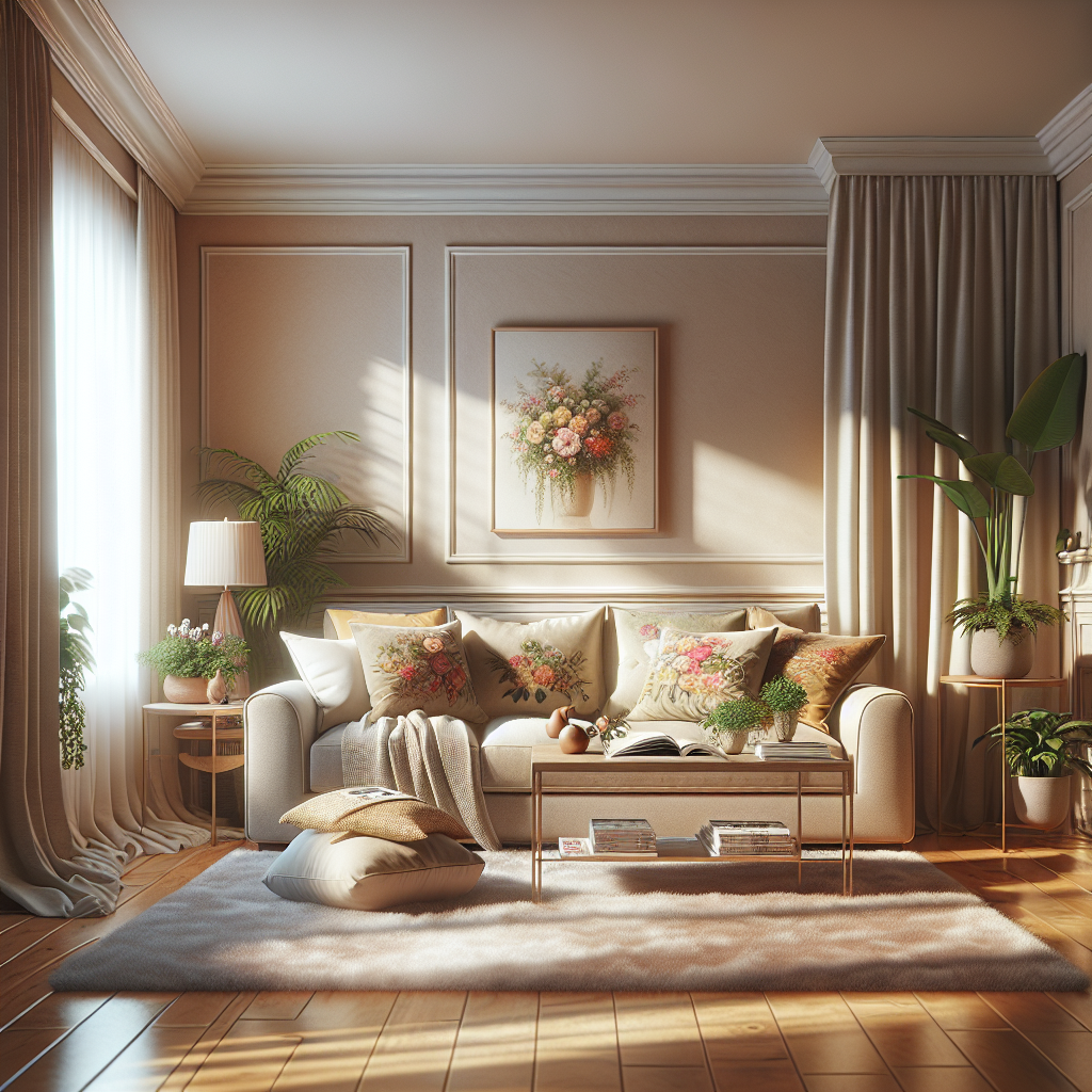A cozy, clean living room with a beige sofa, colorful pillows, a wooden coffee table, and warm sunlight streaming in.