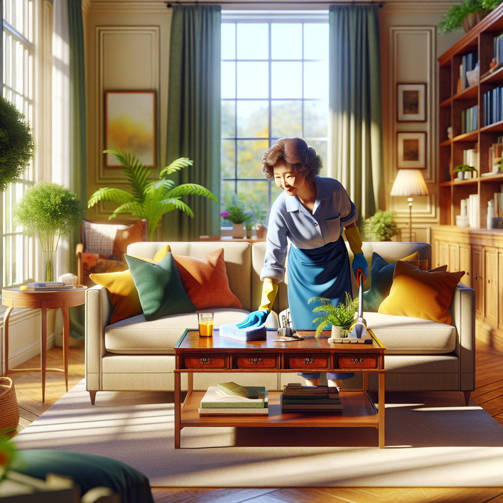 A cleaning service in a bright, inviting living room in Tallahassee, with a woman dusting a coffee table.