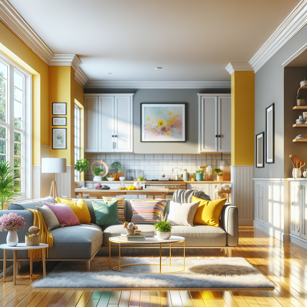 A clean and organized living room showcasing a polished wooden floor and comfortable furniture.