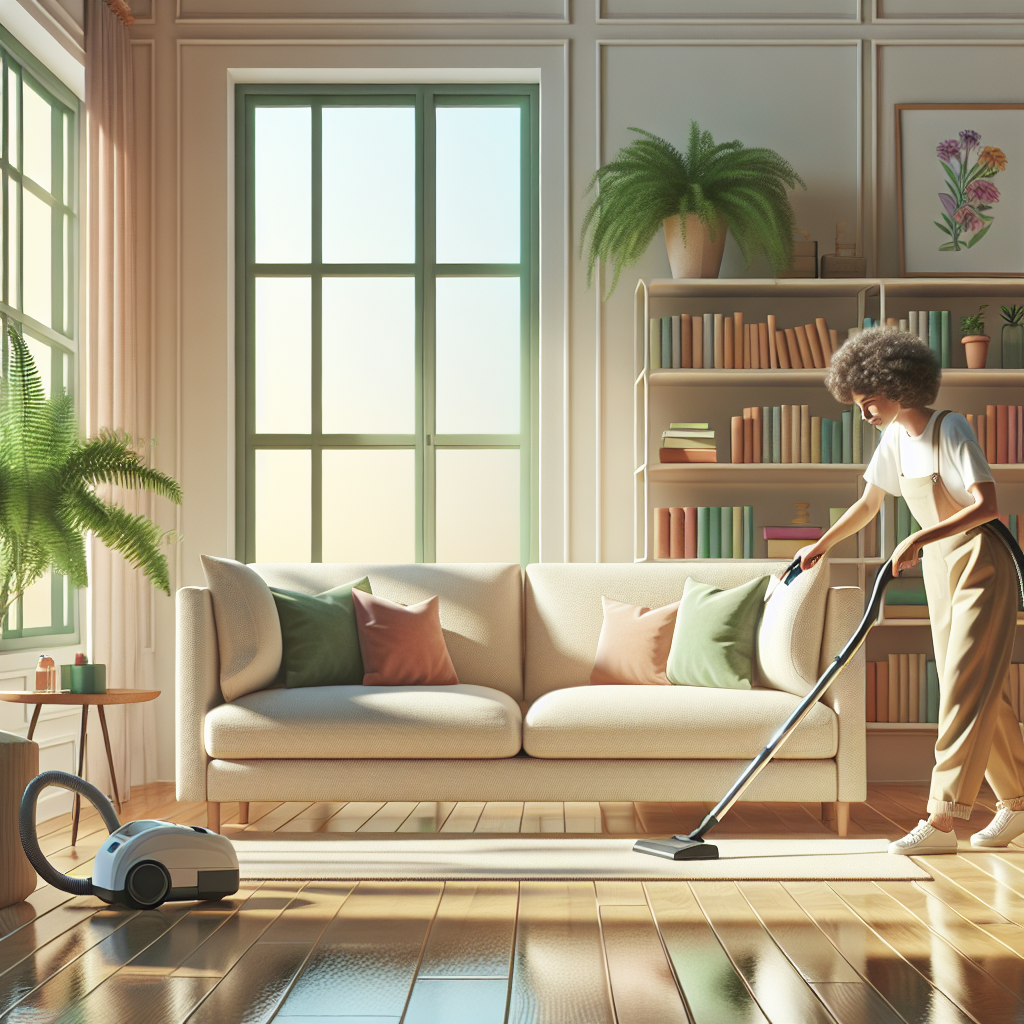 A professional cleaner working in a bright and tidy living room without any text.