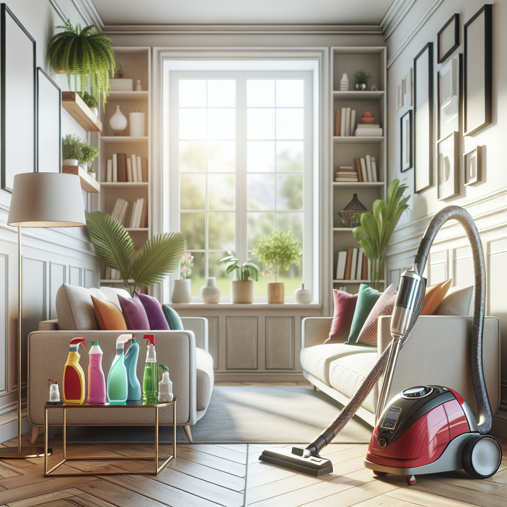 An organized home cleaning scene with a tidy living room and cleaning supplies.