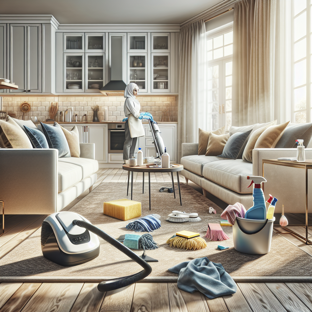 A cozy living room cleaning scene with a professional cleaner at work.