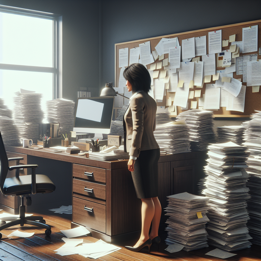 A professional office organizer assessing a cluttered desk in an office setting.