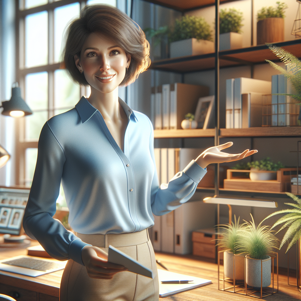 A woman office organizer assessing a neat workspace.
