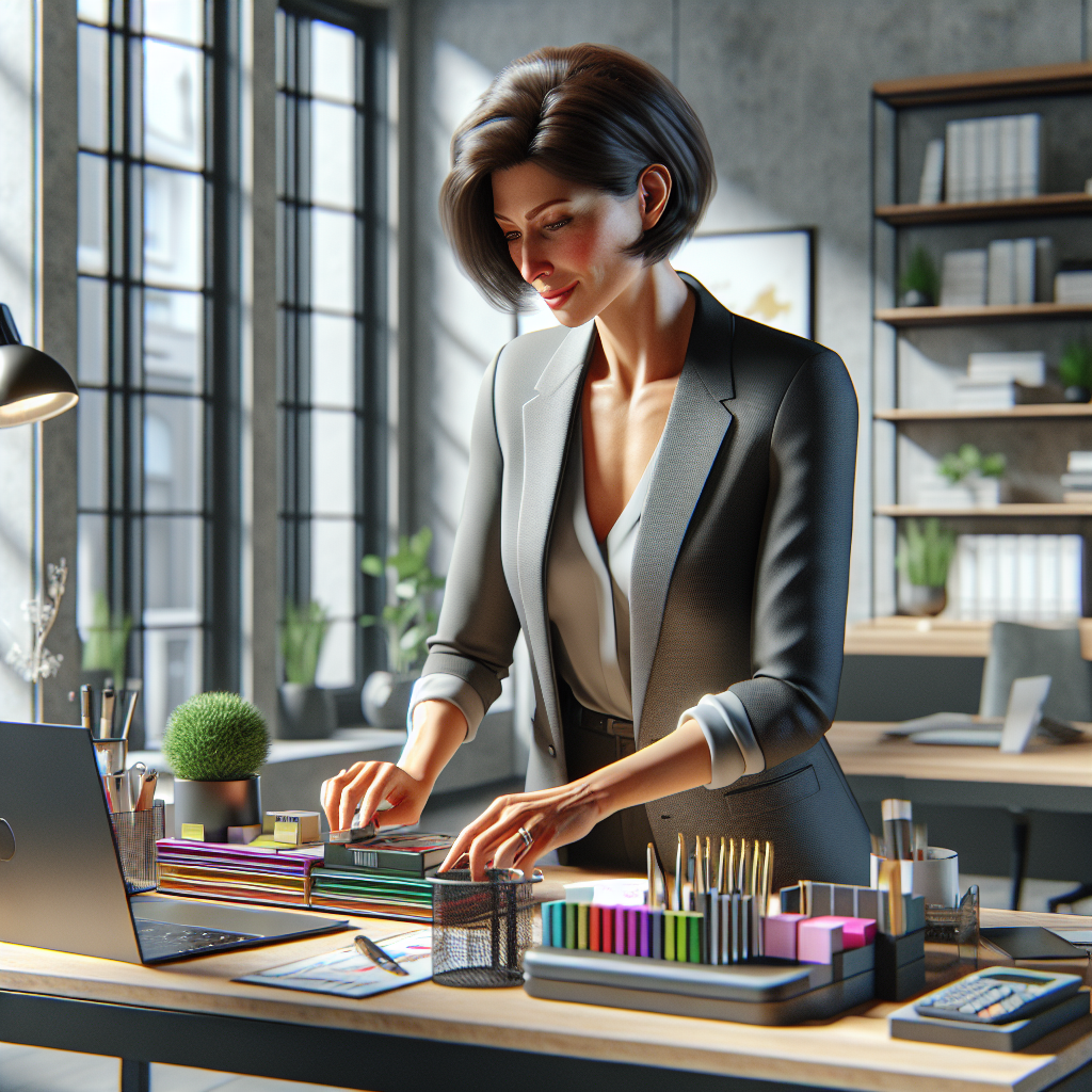 A professional office organizer sorting supplies in a modern office.