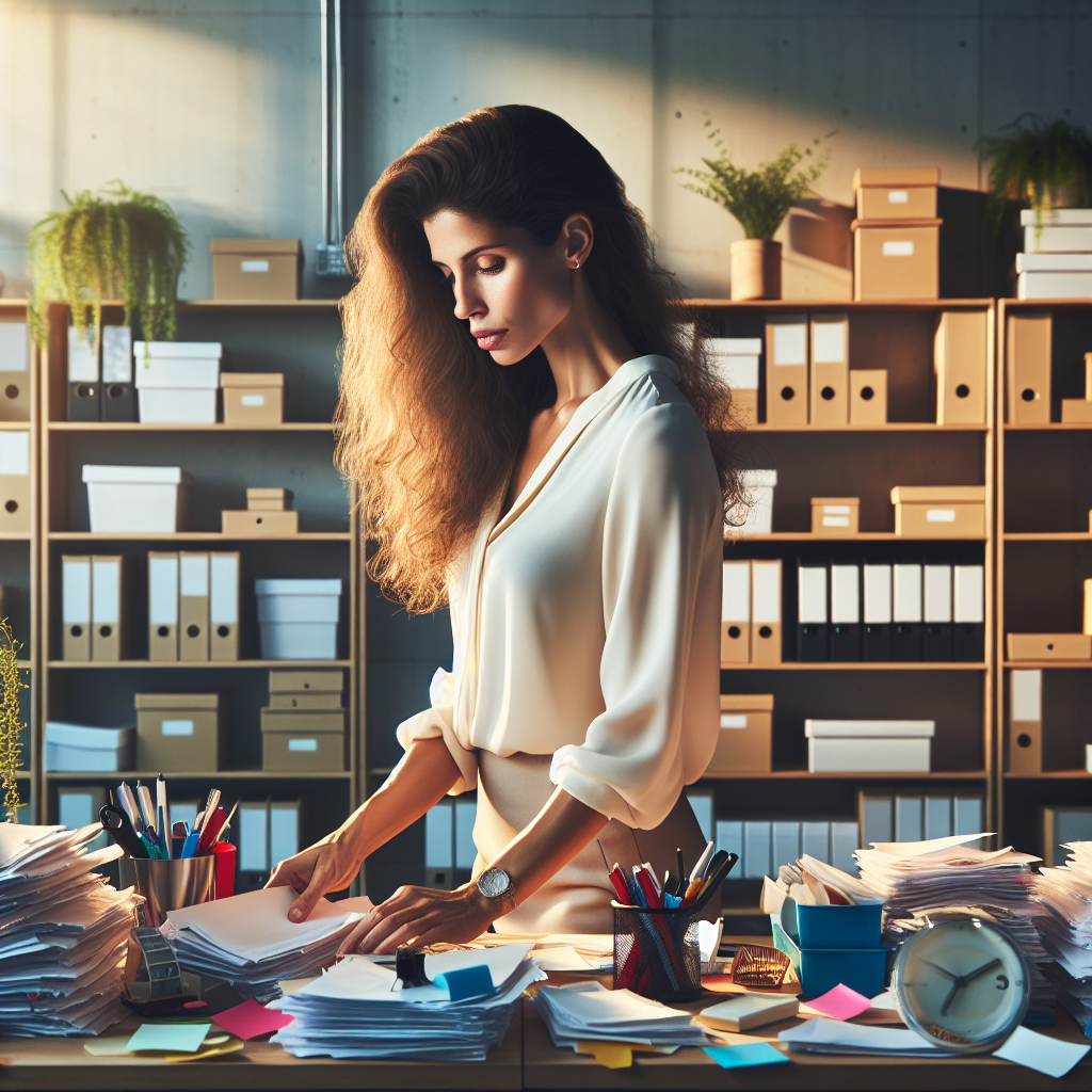 A professional office organizer organizing a cluttered desk in a modern office.