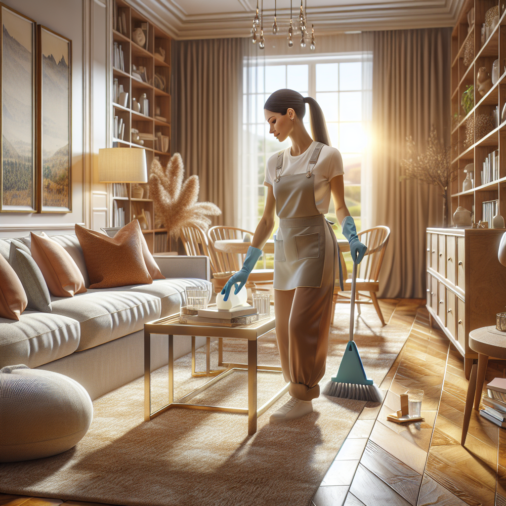 A professional cleaner in a tidy living room, emphasizing cleanliness and organization.