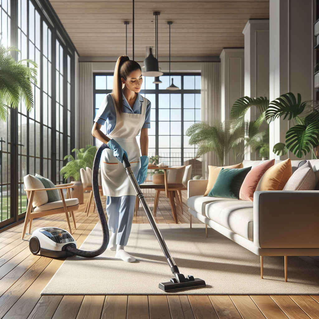 A house cleaner vacuuming a modern living room with bright, clean decor.