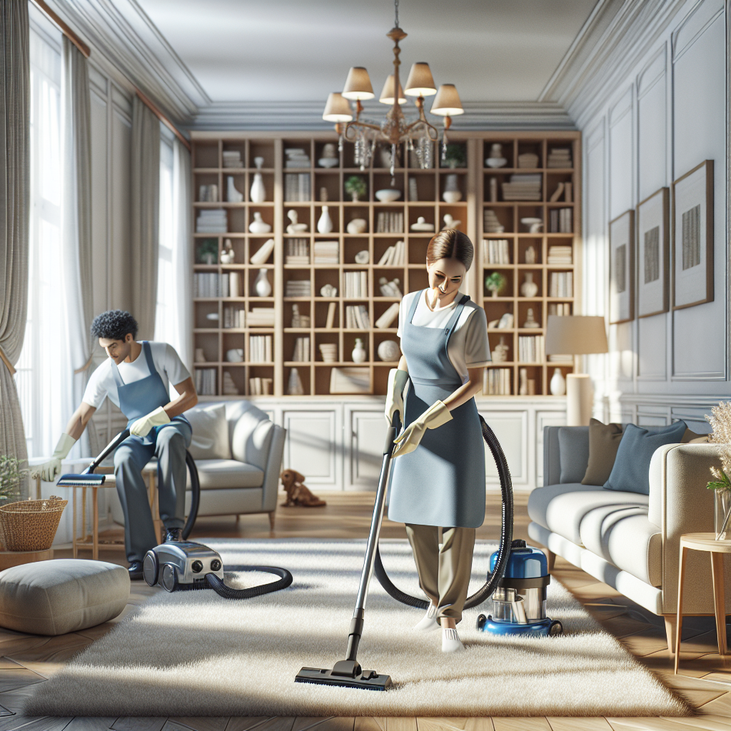 A modern clean home with professional cleaners at work.
