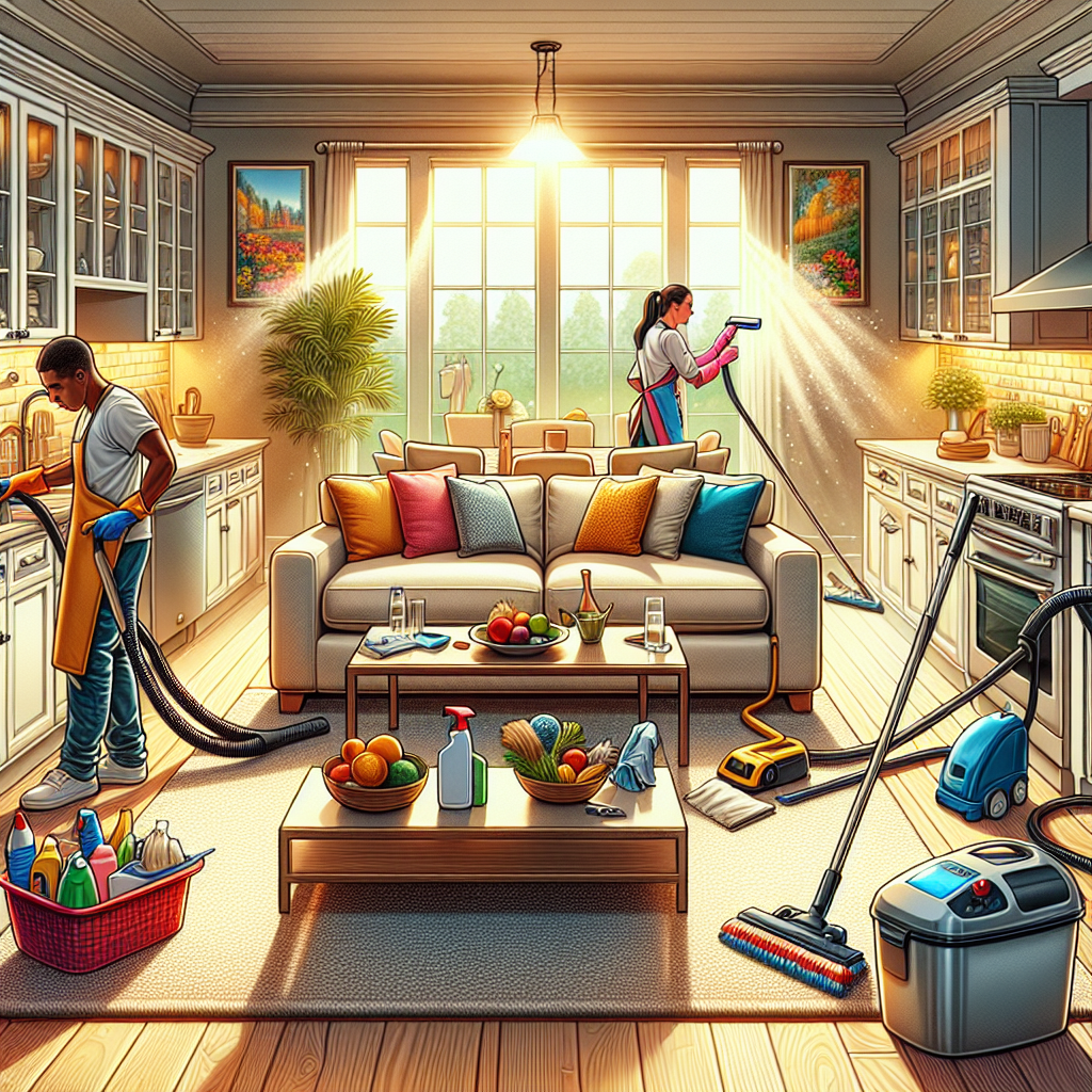 An interior scene depicting various house cleaning services, including vacuuming, scrubbing cabinets, and washing windows.