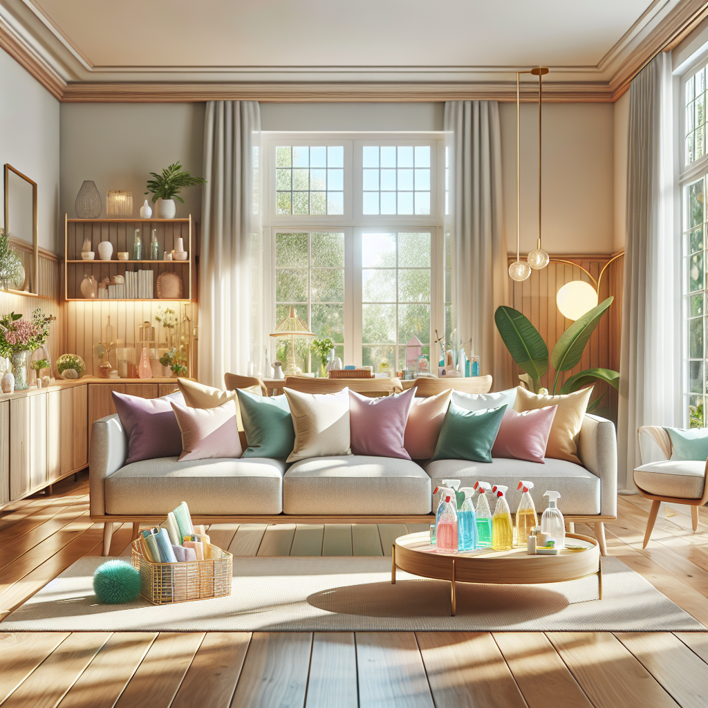 A clean and inviting living room interior with sunlight streaming through windows.