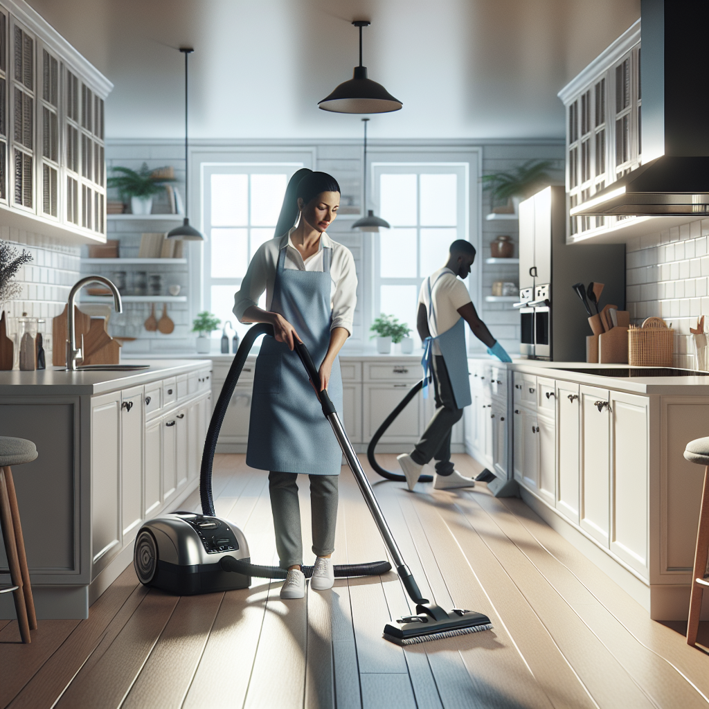 A professional house cleaning service in a modern kitchen.