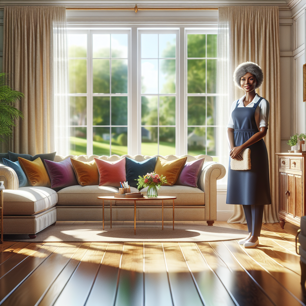 A clean and inviting living room with a housecleaning professional.