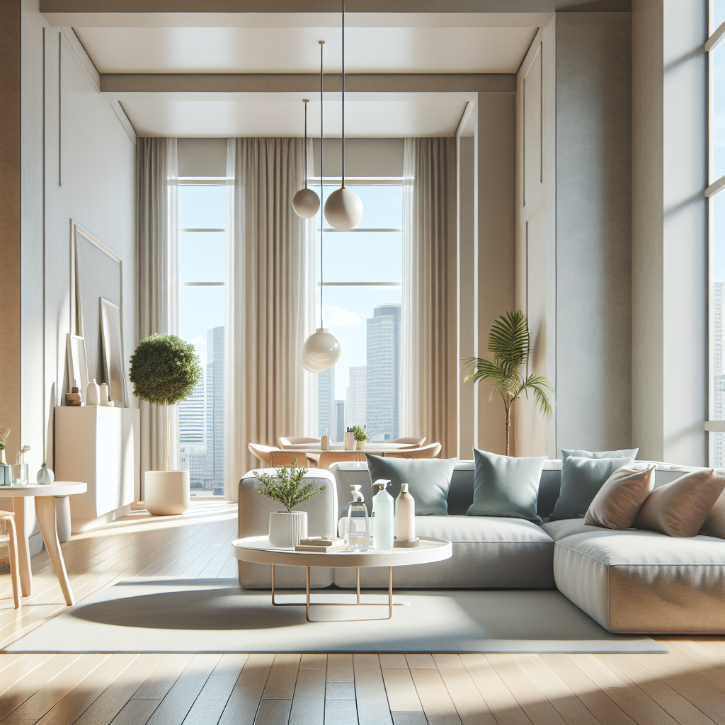 A clean and inviting living room interior showcasing eco-friendly cleaning products.
