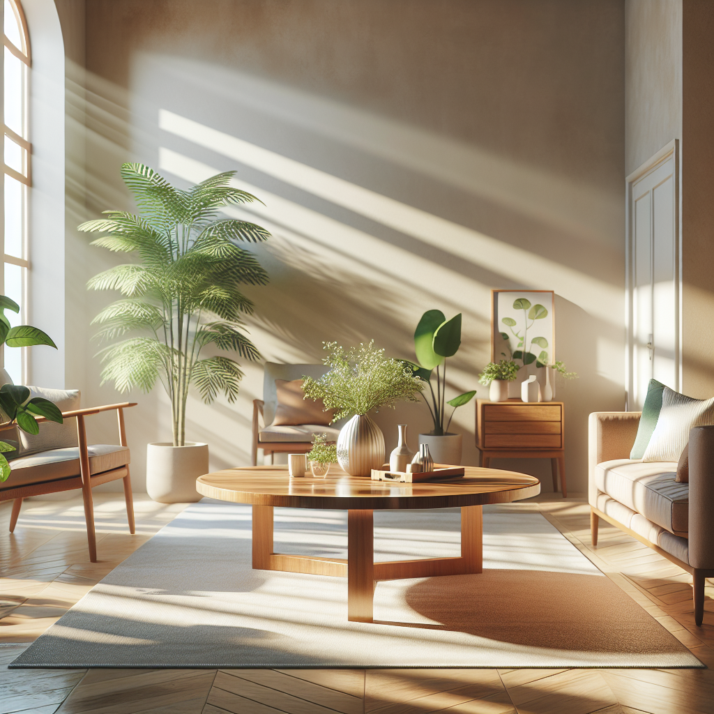 A clean, sunlit room with a wooden coffee table and potted plants.